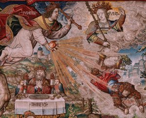 Flaman halısı. Seri Onur. Adalet (La Justicia, Los Honores). Serideki dokuzuncu goblen. Bernard van Orley ve Jan Gossaert (Mabuse) çevresinden Model Karikatürcüler. Pieter van Aelst, Brüksel imalatı. Ca 1550. Kumaş Altın, gümüş, by Bernard van Orley