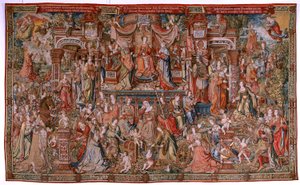 Flaman halısı. Dizi Onur; Prudence (La Prudencia). Serideki yedinci duvar halısı. Bernard van Orley ve Jan Gossaert (Mabuse) çevresinden Model Karikatürcüler. Pieter van Aelst, Brüksel imalatı. Ca 1550. Kumaş Altın, gümüş, ipek ve w