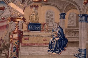 Flaman halısı. Seri The Legend of the Madonna of the Sablon (The Legend of the Lady of the Sablon). Madonna heykelinin gelişi. Brüksel üretimi. Karikatürist Barend van Orley by Bernard van Orley