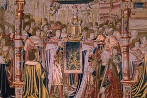 Flaman halısı. Seri The Legend of the Madonna of the Sablon (The Legend of the Lady of the Sablon). Madonna heykelinin gelişi. Brüksel üretimi. Karikatürist Barend van Orley by Bernard van Orley