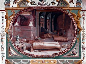 Bir silah dökümhanesinin atölyesinin temsili. Bernardino Barbatelli dit Poccetti (1548-1612) tarafından fresk Floransa, Uffizi Galerisi (Uffizi)