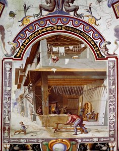 Bir silah ustasının atölyesinin temsili, fırının dibinde, işçilerden biri kılıç yapıyor. Bernardino Barbatelli dit Poccetti (1548-1612) tarafından yapılan fresk Floransa, Galleria degli Uffizi (Uffizi)