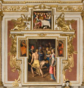 Our Lady of the People Şapeli, İkinci açıklık kuzey tarafı, Bernardino Campi, Vaftizcinin Decollation 1569, Yanlarda St. Peter ve St. Paul 1520-30, Bernardino Campi, Herod Ziyafeti 1569