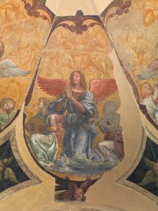 İki diz çökmüş müzisyen ve melekler arasında dua eden melek by Bernardino Luini