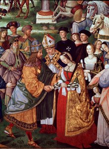 Şair Enee Silvio Piccolomini, Portekizli Eleonore'u Camollia Kapısı'nda Kutsal İmparatorluğun İmparatoru III. Frederic'e sunar. Papa II. Pius'un Yaşamından Detay (Fresco) by Bernardino di Betto Pinturicchio