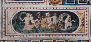 Piccolomini Kütüphanesi, tavan: denizcilik thiasus (tritonlar, putto ve nereid) sahnesi ile daha küçük panel, Pinturicchio olarak bilinen Bernardino di Betto