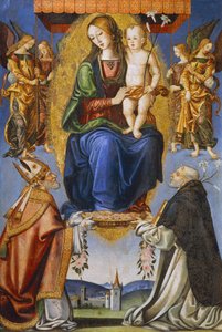 Aziz Severino ve Dominic ile Madonna ve Çocuk (tuval üzerine tempera) by Bernardino di Mariotto