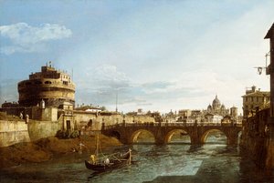 Tiber boyunca tekneler ve uzaktan Castel Saint"Angelo ile Batı