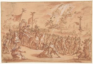 Kutsal Bir Piskopos, Bir Roma Imperator Alayı'nın Yanında Diz Çöküyor by Bernardo Castello (attributed to)