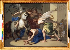 "Heliodorus'un Tapınaktan Çıkarılması" (Heliodorus'un Tapınaktan Çıkarılması) Heliodorus (Heliodoros), hükümdarının emriyle Kudüs tapınağının hazinelerini ele geçirmeye çalıştığı için tapınaktan kovulur. Bernardo Cavallino tarafından boya