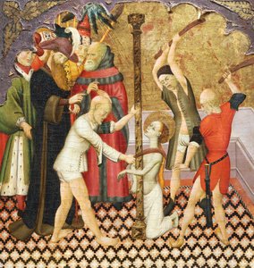 Aziz Eulalia'nın kırbaçlanması, Bernat Martorell (yaklaşık 1400-1452) tarafından Vic Katedrali'nden bir sunağın predella'sından detay, ahşap üzerine boyanmış. Katalan Gotik sanatı.