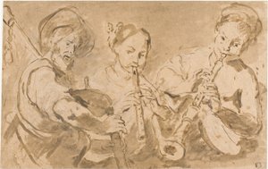 Korno ve Kaval Çalan Üç Müzisyen by Bernardo Strozzi