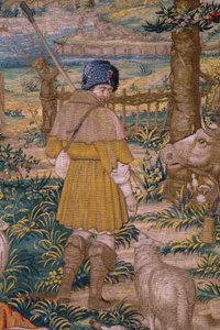 Flaman halısı. The Foundation of Rome: Faustulus, Romulus ve Remus ile tanışıyor. Karikatürist Barend van Orley (?). Brüksel üretimi. 1525-1530. Detay.