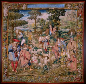 Flaman halısı. The Foundation of Rome: Faustulus, Romulus ve Remus ile tanışıyor. Karikatürist Barend van Orley (?). Brüksel üretimi. 1525-1530.