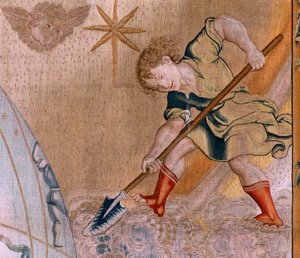 Flaman halısı. Seri Küreler. Gök küresini destekleyen Herkül (Hércules sostiene la esfera celeste). Serinin ilk halısı. Model Barend van Orley veya Pieter Coecke van Aelst. 1525-1530. Joris Vezeleer (Georg Wezeler) imalatı?, B
