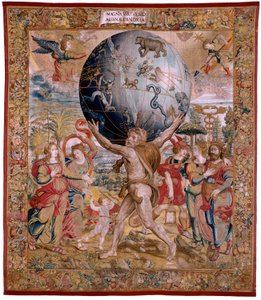 Flaman halısı. Seri Küreler. Gök küresini destekleyen Herkül (Hércules sostiene la esfera celeste). Serinin ilk halısı. Model Barend van Orley veya Pieter Coecke van Aelst. 1525-1530. Joris Vezeleer (Georg Wezeler) imalatı?, B
