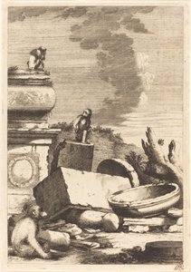 Maymunlar ve Bir Baykuş ile Harabeler by Bernhard Zaech after Jonas Umbach