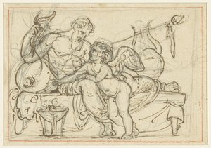 Amor'u tasvir eden bir kabartma ve Anacreon'un yatan bir figürü için tasarım by Bertel Thorvaldsen