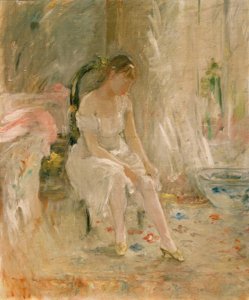 Kadın soyunma ya da genç kız çorap giyiyor by Berthe Morisot