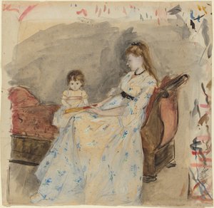 The Artists Sister, Edma, with Her Daughter, Jeanne, 1872 (döşemiş kağıt üzerinde grafit üzerinde wc) by Berthe Morisot
