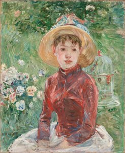 Çimlerdeki Genç Kız, Kırmızı Korse Matmazel Isabelle Lambert, 1885. by Berthe Morisot