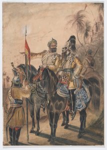 İki atlı subay ve atsız bir sowar, 4. Bengal Düzensiz Süvari, c.1850 (suluboya) by Bethune Donald Grant
