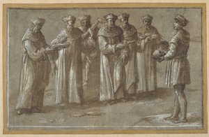 Altı anatomi profesörü, bir kafatası ve derisi yüzülmüş uzuvları tartışıyor (kahverengi yıkama ve kabartmalı kalem ve kahverengi mürekkep) (ayrıca bkz. 404475)