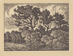Söğüt ve Pamuk Ağacı, yaklaşık 1931 (linocut) by Birger Sandzen