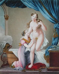 Banyodan Çıkan Kadın, Hizmetçisi tarafından destekleniyor, 1820 dolayları (renkli gravür) by Blaizot (after)