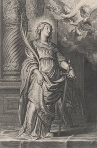 Aziz Catherine palmiye yaprakları ve bir kılıç tutuyor, tepede iki putti bir laure tutuyor..., ca. 1625-59.