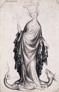 Antakya Aziz Margaret (305 civarında öldü) (Saint Margaret) (bir haç tutar ve bir ejderhayı çiğner) - Bohemyalı bir ustanın eseri (aktif 1410-1420), kağıt üzerinde kalem ve fırça (21.4x14 cm), 1410 civarında - Szepmuveszeti Müzesi, Budapeşte (Macaristan) by Bohemian School