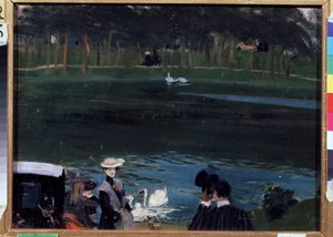 Bois de Boulogne. Kuğular ve yürüyüşçüler ile göl. Boris Michaylovich Kustodiev
