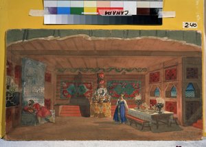 Opera için hazırlık La Fiancee du Tsar de Nicolas (Nikolai) Rimski Korsakov (Rimski-Korsakov) (1844-1908) (N. Rimsky Korsakov (Rimsky-Korsakov) tarafından yazılan Çarın Gelini operasının sahne tasarımı). (Koustodiev) by Boris Mikhailovich Kustodiev