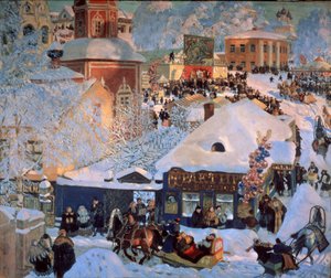 Kış, Mardi Gras (Kış, Schrovetide). Bir taşra kasabasının karla kaplı sokaklarında geleneksel şenlikler. Kentin yapılarının tasvirinin yanı sıra, balon kümeleri, bir atlıkarınca, meyhanelerin vitrinleri ve tarafından çekilen kızaklar. by Boris Mikhailovich Kustodiev