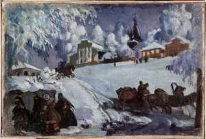 Kış, kızaklar (Kış. Kızak Gezisi). Boris Michaylovich Kustodiev (Koustodiev) (1878-1927), tuval üzerine yağlı boya, yaklaşık 1920. Rus sanatı, 20. yüzyılın başları. Özel koleksiyon. by Boris Mikhailovich Kustodiev