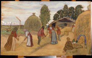 Hasatın dövülerek harmanlanması (Harman Yeri) - Çalışma Boris Michaylovich Kustodiev (Koustodiev) (1878-1927), karton üzerine pastel, 59x100 cm by Boris Mikhailovich Kustodiev
