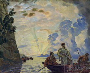 Kazak lideri Stepan (Stenka) Timofeevich Razin (1630-1671) bir teknede. Güney Rusya