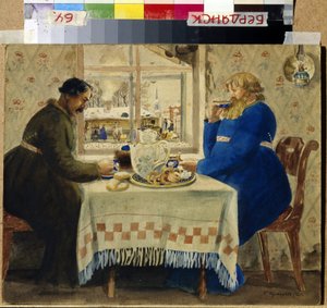 Koçlar. Çay içerken masada iki adam kek ve rulo yer. Pencereden takımlar ve kızaklar avluda sıralanmıştır. Boris Michaylovich Kustodiev (Kustodiev) (1878-1927), suluboya çalışmaları by Boris Mikhailovich Kustodiev