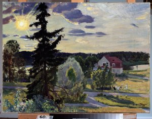 Akşam Manzarası. Bir grup çocuk bir evin önündeki çimenlikte top oynuyor. Boris Michaylovich Kustodiev