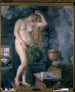 Rus Venüsü (Rus Venüsü). Genç gülümseyen ve çıplak kadın, banyoda, sauna tipi, bir buket dalla. Boris Michaylovich Kustodiev