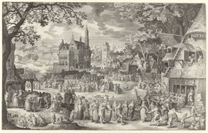 Köy meydanında cüretkar çiftçi fuarı Die Boere cermis (nesne üzerindeki başlık) by Boëtius Adamsz. Bolswert