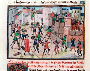 Ms 5089-90 Haçlı Seferlerinden biri sırasında Hıristiyanlar tarafından Kudüs Kuşatması, Chroniques des empereurs, David Aubert, 1462 by Brabant School