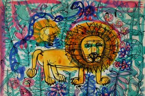 Aslan (akrilik poster rengi ve renkli mürekkepler) by Brenda Brin Booker