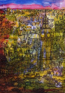 Londra, Westminster (kağıt üzerinde wc ile kalem ve mürekkep)