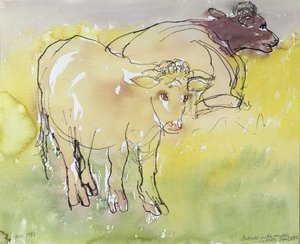 Çayırda Genç Bullocks, 1983 (kağıt üzerinde wc ile kalem ve mürekkep) by Brenda Brin Booker