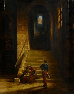 Oturan Keşişli Bir Kalenin İçi, 1850 dolayları (tuval üzerine yağlı boya) by British School
