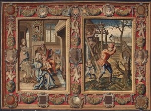 Ocak ve Şubat: “Ateşin yanında bir çift ve bir oduncu”” Mortlake imalatçılarının duvar halısı. 17. yüzyıl Genleri, Musei di Strada Nuova by British School
