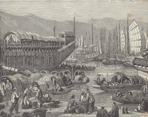 Meşgul limanda gemiler, Şanghay, Çin (gravür) by British School