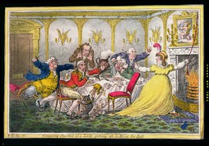 Şirket, 1804'te Hannah Humphrey tarafından yayınlanan James Gillray (1756-1815) tarafından kazınmış Zil Çalmak için ayağa kalkan bir Lady'de şok oldu (el boyaması gravür) by Brownlow North
