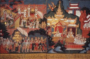 Veya 14297 fol.6-7 Geleceğin Doğuşu Buda, c.1800-20 (kağıt üzerinde guaj) by Burmese School